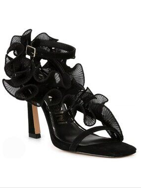 Gianni Bini Franz Sandals High Heels Size 6 Black Suede Chiffon Ruffle NEW